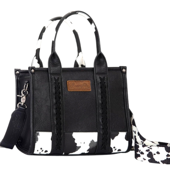 Wrangler Designer Vegan Leather Black Cow Print Crossbody, Tote, Handbag W/Strap - Picture 2 of 7